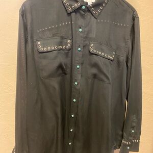 Jade Black Button-Up Shirt with Turquoise Accent Buttons and Eyelet Trim
